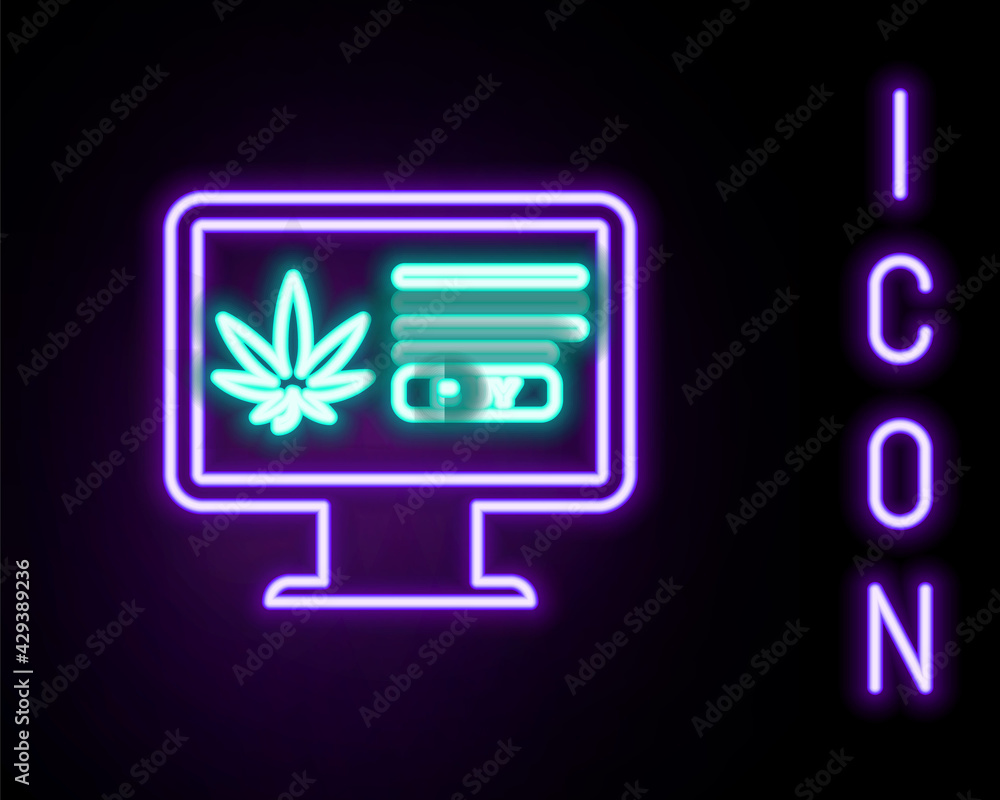 Glowing neon line Computer monitor and medical marijuana or cannabis leaf icon isolated on black background. Online buying symbol. Supermarket basket. Colorful outline concept. Vector Glowing neon line Computer monitor and medical marijuana or cannabis leaf icon isolated on black background. Online buying symbol. Supermarket basket. Colorful outline concept. Vector