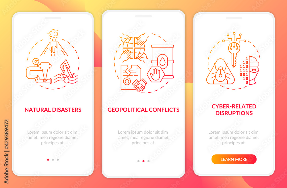 Energetic security risks onboarding mobile app page screen with concepts. Geopolitical conflicts walkthrough 3 steps graphic instructions. UI, UX, GUI vector template with linear color illustrations