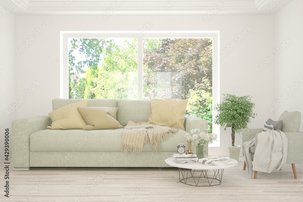 White living room with sofa and summer landscape in window. Scandinavian interior design. 3D illustration White living room with sofa and summer landscape in window. Scandinavian interior design. 3D illustration