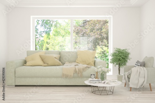 White living room with sofa and summer landscape in window. Scandinavian interior design. 3D illustration