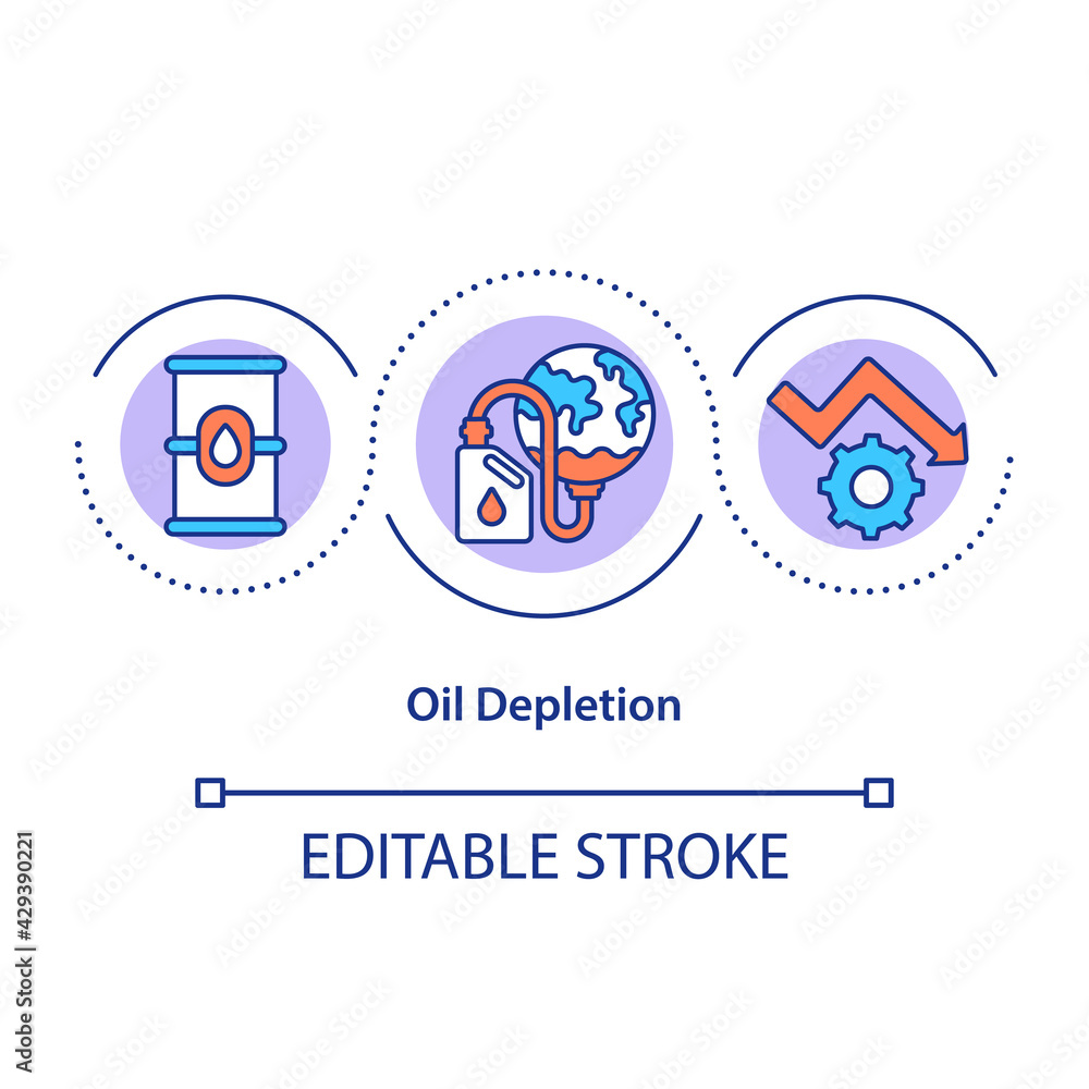Oil depletion concept icon. Decreasing fuel creation to save planet. Consumption of earth resourses idea thin line illustration. Vector isolated outline RGB color drawing. Editable stroke