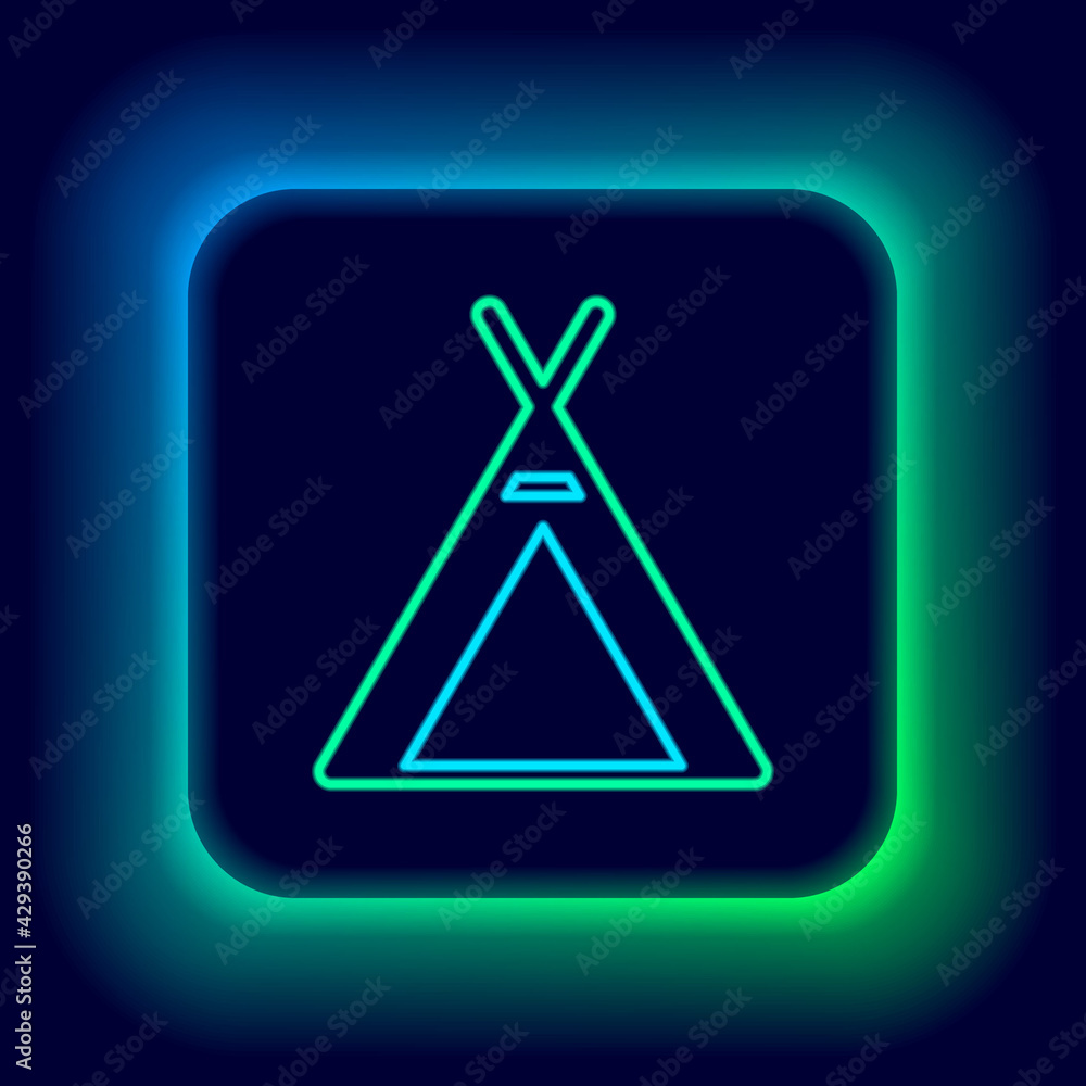 Glowing neon line Tourist tent icon isolated on black background. Camping symbol. Colorful outline concept. Vector Glowing neon line Tourist tent icon isolated on black background. Camping symbol. Colorful outline concept. Vector