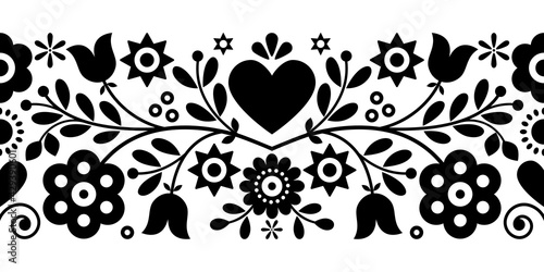 Retro Polish floral folk art vector greeting card or seamless black pattern inspired by old highlanders embroidery Lachy Sadeckie from Nowy Sacz in Poland 
	