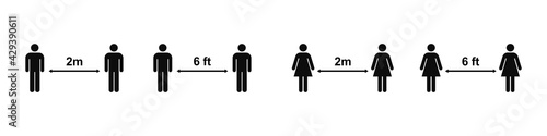 Social Distancing 2 m.,6 Feet, icon set simple male or female black and white silhouette with arrow spacing. Used as a marker for the prevention of the coronavirus outbreak.