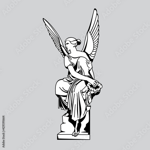woman with angel wings and laurel wine in her hands, sits on a stone. Vector, illustration