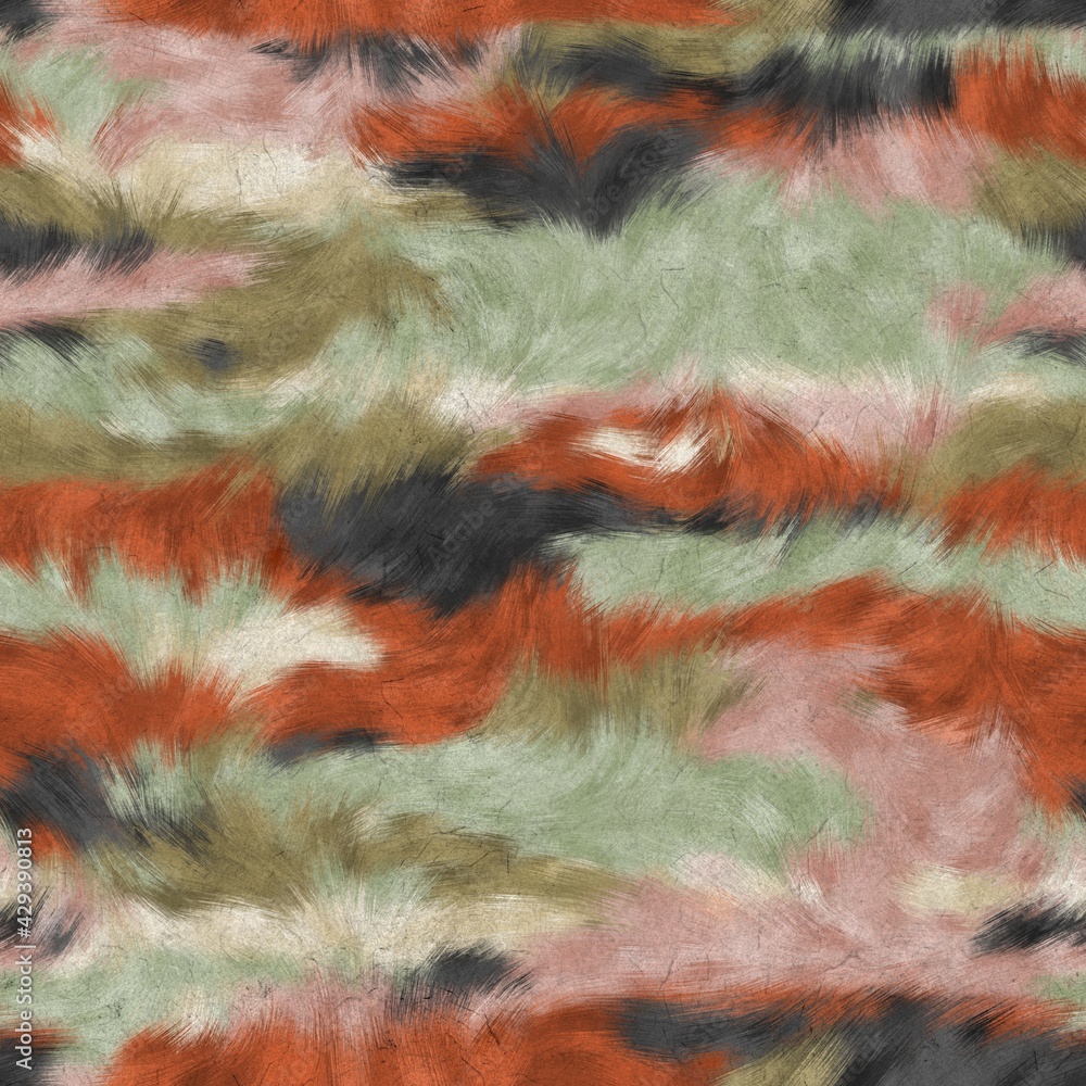 Seamless faux digital paint stroke camo pattern print. High quality illustration. Procedural painting with realistic brush strokes in bright trendy colors in camouflage shapes. Surface design print.