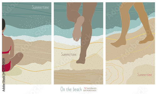 Summertime vertical backgrounds with people on the beach running, walking and sitting relaxed. Dark and tan skin pictures in abstract, simple and flat style and muted colors with the ocean at the back