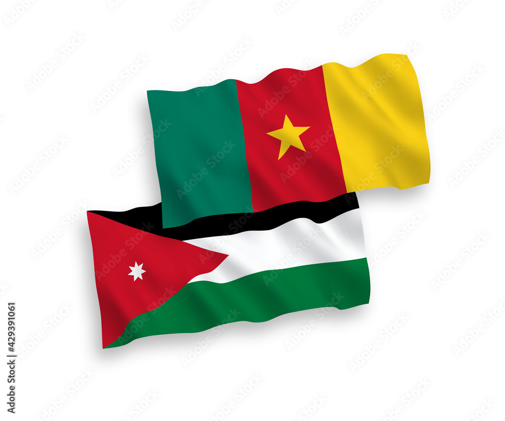 Fototapeta premium National vector fabric wave flags of Hashemite Kingdom of Jordan and Cameroon isolated on white background. 1 to 2 proportion.