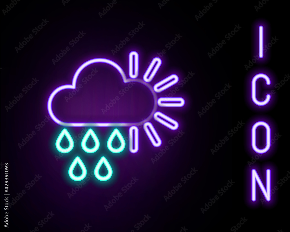 Glowing neon line Cloudy with rain and sun icon isolated on black background. Rain cloud precipitation with rain drops. Colorful outline concept. Vector Glowing neon line Cloudy with rain and sun icon isolated on black background. Rain cloud precipitation with rain drops. Colorful outline concept. Vector