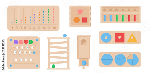 Vector Set of Montessori games. Children wooden eco friendly logic toys for preschool kids. Playthings for baby development. Collection of various element for entertainment and educational games.