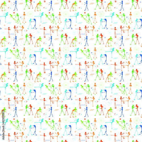 Coloured seamless pattern with silhouettes of fighters and decor elements