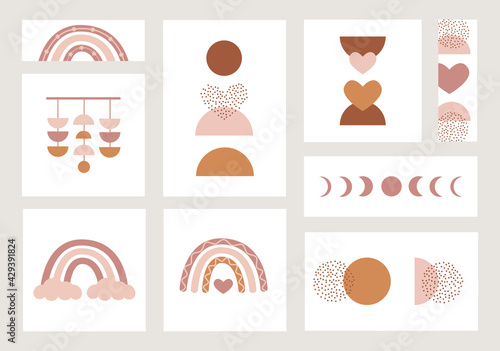 Set of different size posters with boho rainbows and abstract contemporary aesthetic background with geometric balance shapes. Earth tones, terracotta colors. Vector decorative cards for baby nursery.