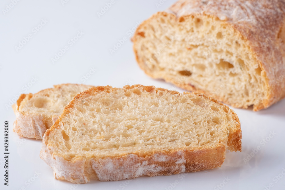 Ciabatta bread on white background