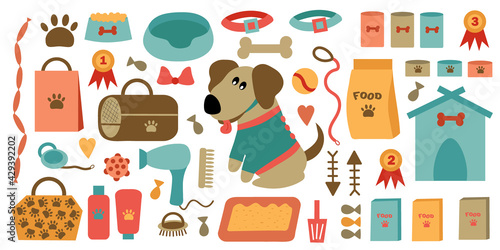 A set of accessories for the care and maintenance of pets. Cute dog in clothes.