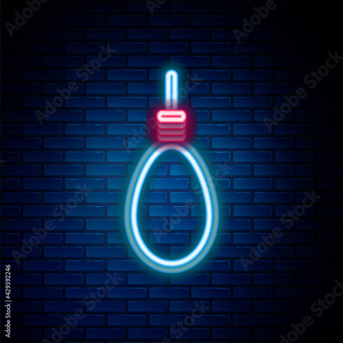 Glowing neon line Gallows rope loop hanging icon isolated on brick wall background. Rope tied into noose. Suicide, hanging or lynching. Colorful outline concept. Vector