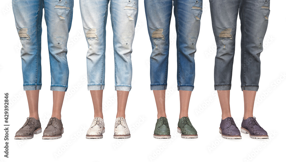 Snake leather shoes collection with jen pant isolated on white background Snake leather shoes collection with jen pant isolated on white background