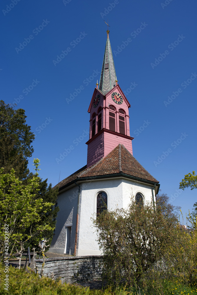 Protestant church Zurich Schwamendingen at springtime. Photo taken April 21st, 2021, Zurich, Switzerland.