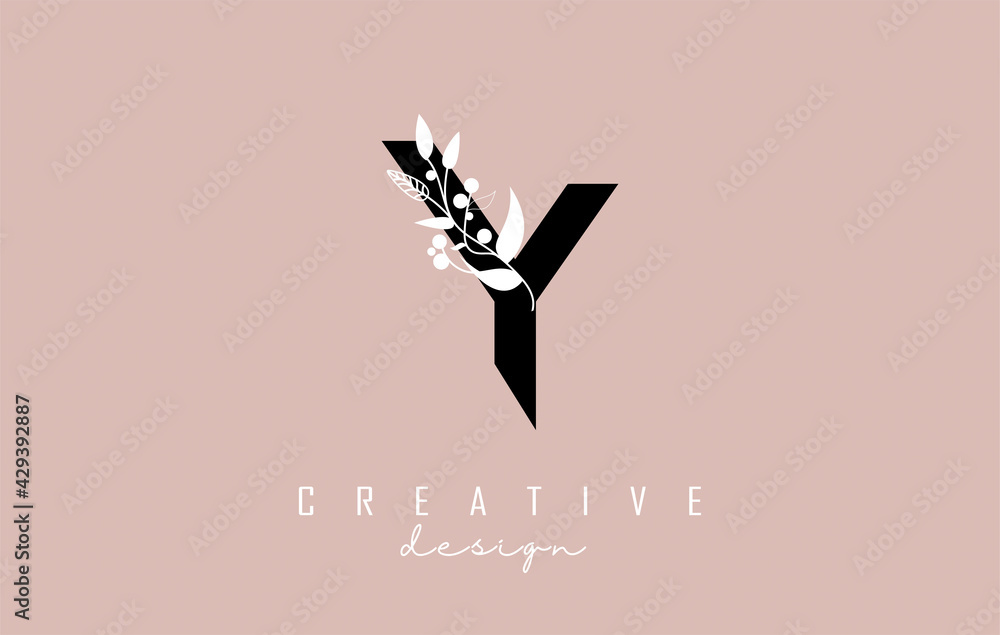 Y Black Letter Logo with white leaves, leaf, branch design. Creative and elegant vector illustration with letter Y and white leaf for beauty, fashion, jewelry, luxury, natural products or eco services - obrazy, fototapety, plakaty 