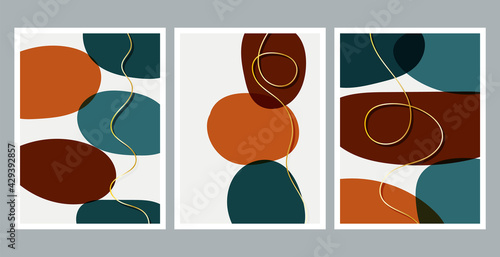 Modern abstract painting. Golden doodle lines. Set of fluid geometric shapes. Abstract hand drawn watercolor effect shapes. Home decor design. Modern art print. Contemporary design.