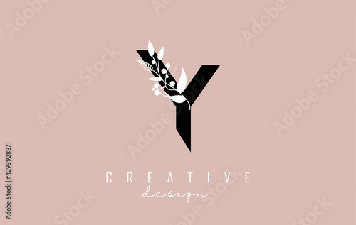 Y Black Letter Logo with white leaves, leaf, branch design. Creative and elegant vector illustration with letter Y and white leaf for beauty, fashion, jewelry, luxury, natural products or eco services