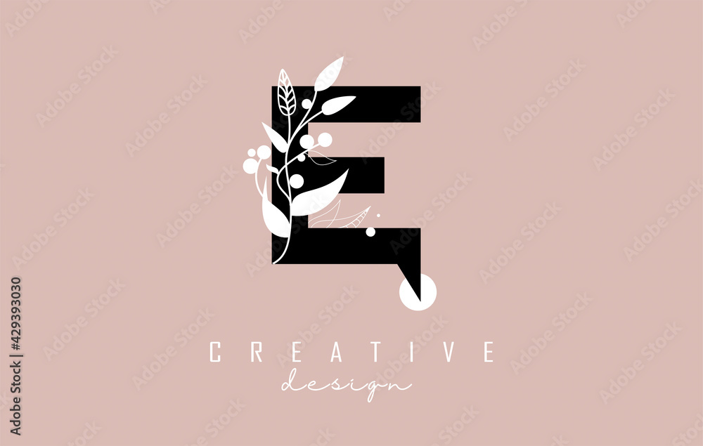 E Black Letter Logo with white leaves, leaf, branch design. Creative and elegant vector illustration with letter E and white leaf for beauty, fashion, jewelry, luxury, natural products or eco services E Black Letter Logo with white leaves, leaf, branch design. Creative and elegant vector illustration with letter E and white leaf for beauty, fashion, jewelry, luxury, natural products or eco services