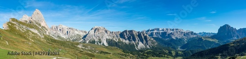 Panorama on Seceda peaks in Dolomites Alps, South Tyrol, Italy