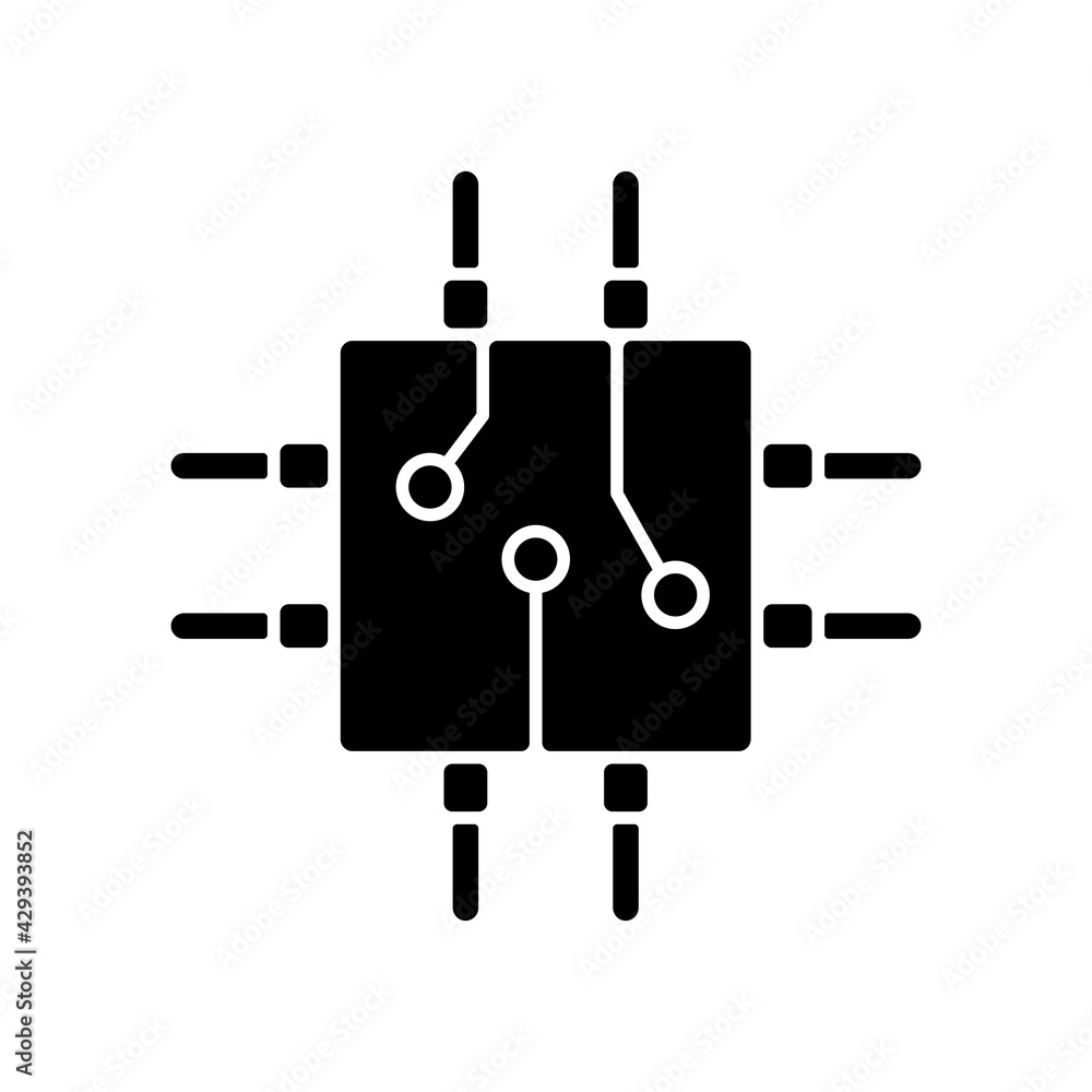 Fototapeta premium Circuit board design black glyph icon. Create plan how to place all microprocessors on circuit board connectors. Silhouette symbol on white space. Vector isolated illustration