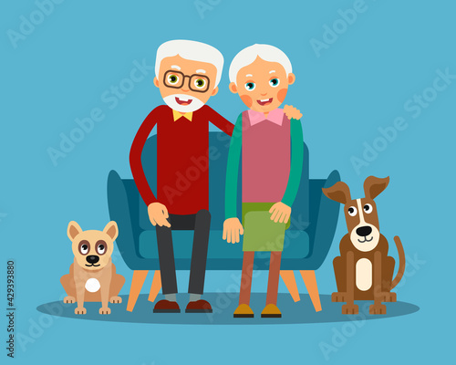 On the sofa sit elderly woman and man. Near the floor sit dogs. Family portrait of elderly with animal. Married couple of pensioners at home on couch with a pet. Illustration in flat style