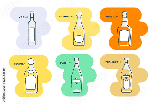 Bottle vodka champagne whiskey tequila martini vermouth line art in flat style. Restaurant alcoholic illustration for celebration design. Beverage outline icon. Isolated on shape background.