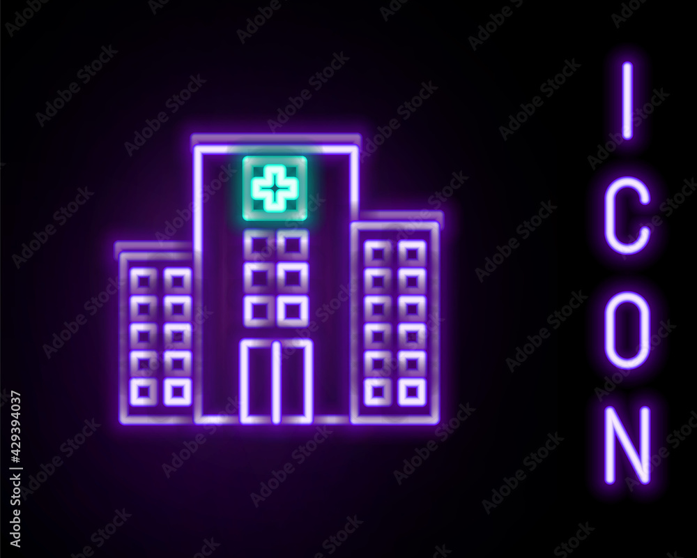 Glowing neon line Medical hospital building with cross icon isolated on black background. Medical center. Health care. Colorful outline concept. Vector Glowing neon line Medical hospital building with cross icon isolated on black background. Medical center. Health care. Colorful outline concept. Vector