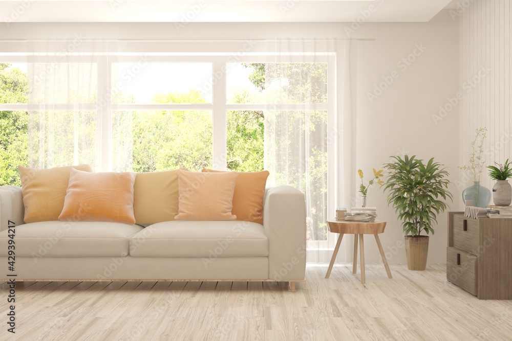 White living room with sofa and summer landscape in window. Scandinavian interior design. 3D illustration White living room with sofa and summer landscape in window. Scandinavian interior design. 3D illustration