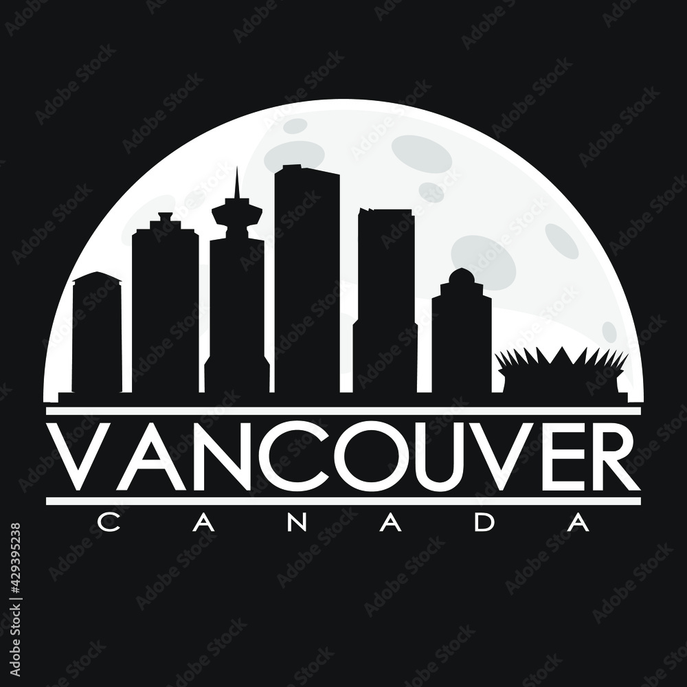 Vancouver Canada Full Moon Night Skyline Silhouette Design City Vector Art Background.