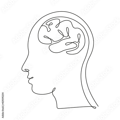 Human head and big brain in one line art style. Continuous drawing illustration. Abstract linear Vector 