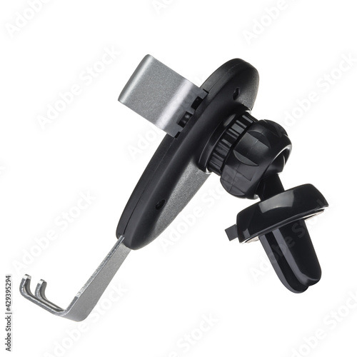 Black car holder for mobile phone and smartphone. White isolated background