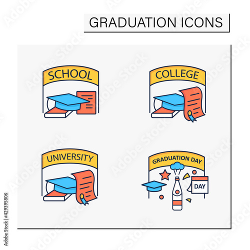 Graduation color icons set. School, college, university graduation. Studying concept. Isolated vector illustrations