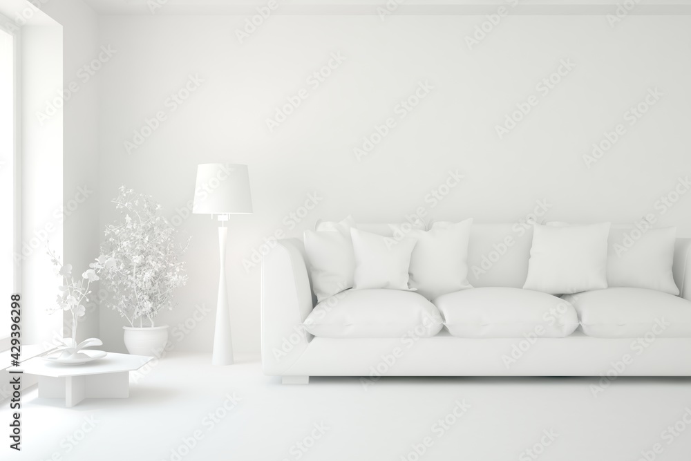 Naklejka premium Mock up of minimalist living room in white color with sofa. Scandinavian interior design. 3D illustration