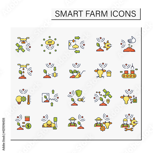 Smart farm color icons set. Consist of IOT sensors, soil tilling, planting seeds, harvesting, agronomist, CCTV.Agricultural innovation concepts.Isolated vector illustrations