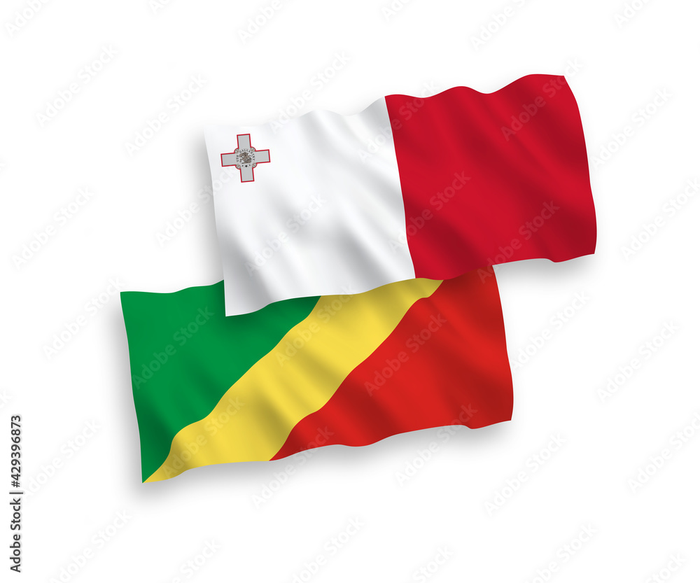 National vector fabric wave flags of Malta and Republic of the Congo isolated on white background. 1 to 2 proportion.