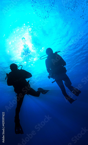 Silhouette of scuba diver in the blue ocean