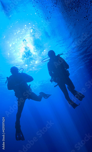 Silouette of scuba divers in light