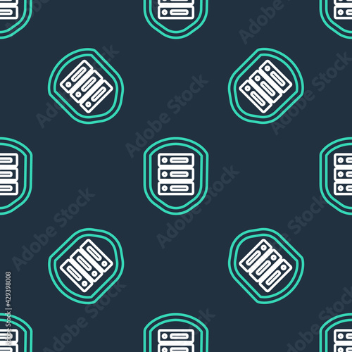 Line Server with shield icon isolated seamless pattern on black background. Protection against attacks. Network firewall, router, switch, data. Vector