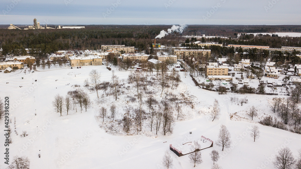 Aerial view of Broceni town in winter, Latvia