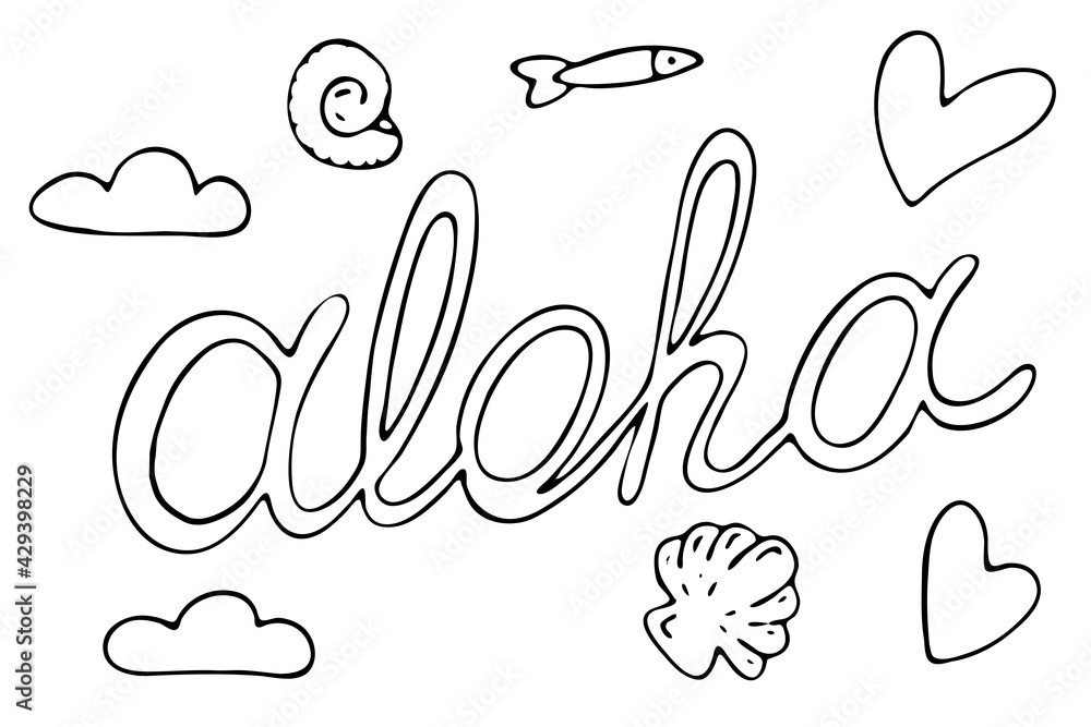 aloha, text with clouds, shells and fish, summer illustration, vector doodle element, coloring book aloha, text with clouds, shells and fish, summer illustration, vector doodle element, coloring book