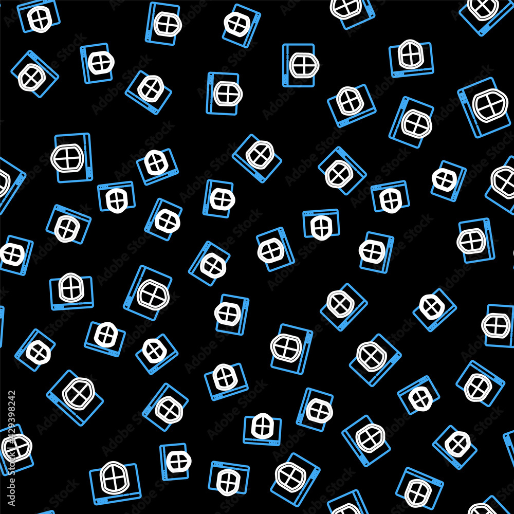 Line Browser with shield icon isolated seamless pattern on black background. Security, safety, protection, privacy concept. Vector Line Browser with shield icon isolated seamless pattern on black background. Security, safety, protection, privacy concept. Vector