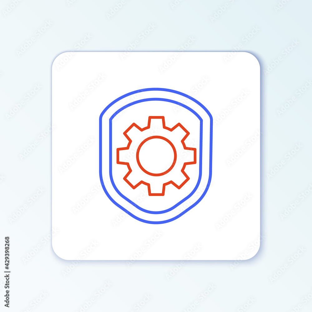 Line Shield with settings gear icon isolated on white background. Adjusting, service, maintenance, repair, fixing. Colorful outline concept. Vector Line Shield with settings gear icon isolated on white background. Adjusting, service, maintenance, repair, fixing. Colorful outline concept. Vector