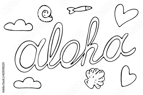 aloha, text with clouds, shells and fish, summer illustration, vector doodle element, coloring book