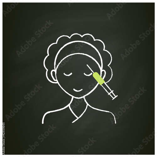 Cosmetic injection chalk icon.Woman doing injection in forehead. Surgery. Full syringe. Beauty cosmetic procedure concept. Isolated vector illustration on chalkboard