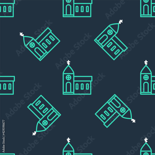 Line Church building icon isolated seamless pattern on black background. Christian Church. Religion of church. Vector