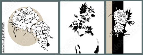 Girl with flowers instead of hair, peonies. Silhouettes of girls and line drawing. This illustration will brighten up any interior design and your social media.