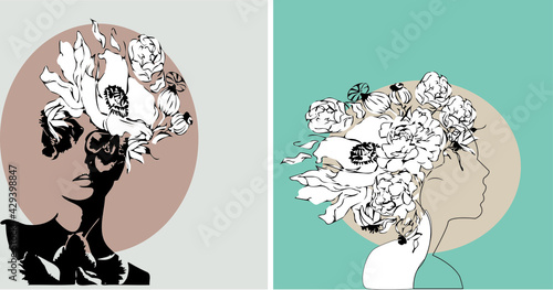 Girl with flowers instead of hair. Silhouettes of girls and line drawing. This illustration will brighten up any interior design and your social media.